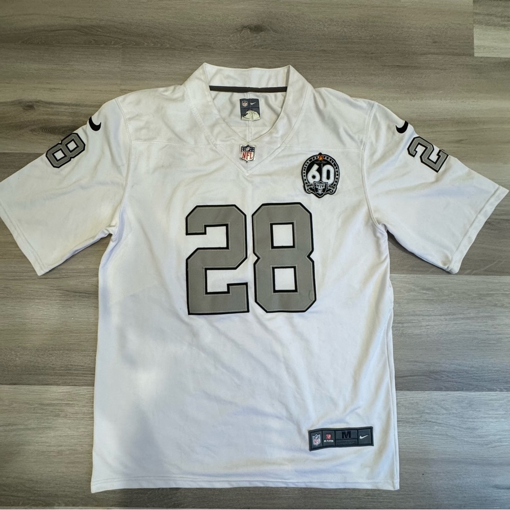 Nike Raiders Jersey Josh Jacobs 28 White W/ 60 Year Patch Stitched Size M